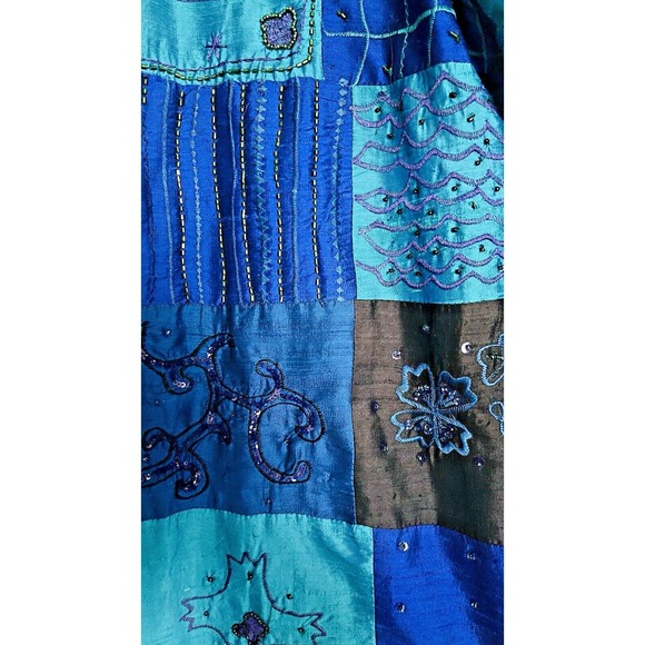 Chico's Silk Patchwork Tunic Top XL | Beaded Colorblock Button-Up Resort Artwear - Picture 6 of 6